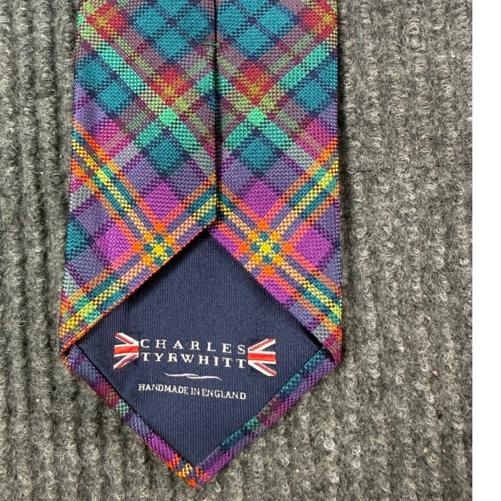 Charles Tyrwhitt Mens Silk Tie Handmade England Plaid Purple Teal Green Orange - Picture 3 of 4